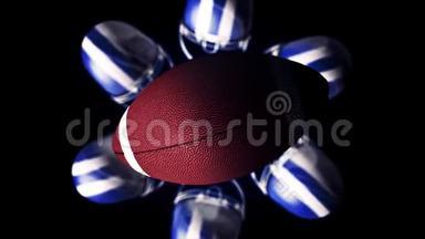 一个橄榄球和蓝白小血球在黑色背景下旋转并围成一个圆圈的抽象动画